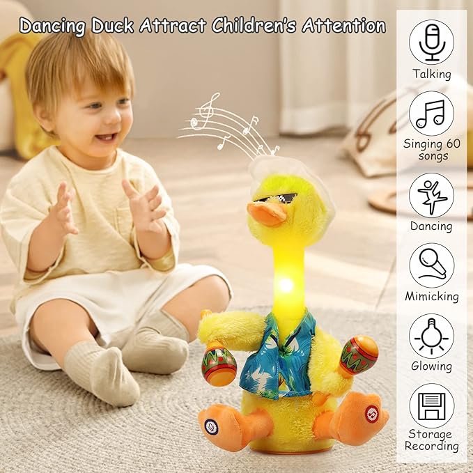 Talking Dancing Duck Toy, Repeating What You Say, Mimicking Toy Dancing Duck Baby Toys for Infants, Singing Duck Stuffed Animal Plush Toys, Baby Toys 6-12 Months Musical Interactive Tummy Time Gifts