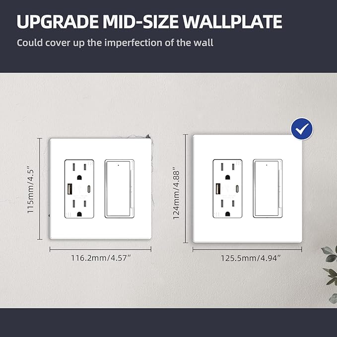 ELEGRP 2-Gang Screwless Decorative Wall Plates, Mid-Size 4.88" height x 4.94" length Unbreakable Thermoplastic Faceplate Cover for Decorator Receptacle Outlet & Switch, UL Listed (5 Pack, Matte White)