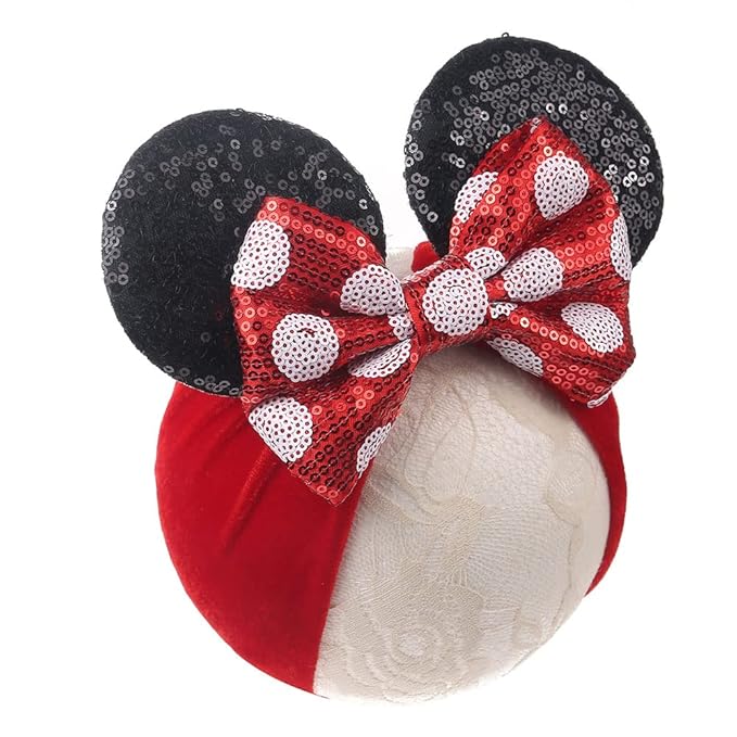 JIAHANG Baby Girl Mouse Ears Headwrap with Sequin Polka Dot Bow, Velvet Turban Hairband, Hair Bow Headband for Toddler, Kids, Party Supplies