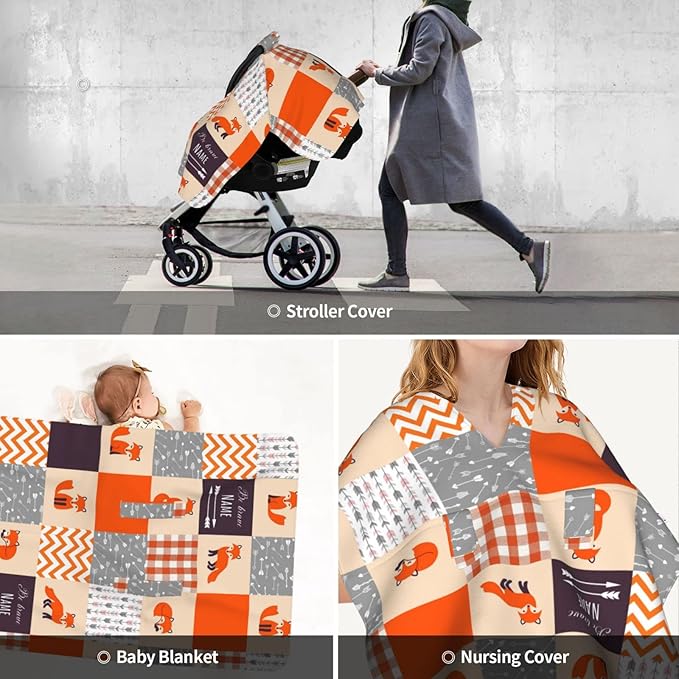 Personalized Cute Fox Baby Car Seat Canopy for Babies with Name, Custom Car Seat Covers for Girls Boys, Opening Minky Nursing Breastfeeding Cover Infant Carseat Canopies for Newborn