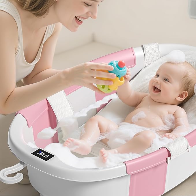 Collapsible Baby Bathtub, Baby Tubs for Newborns with Soft Cushion & Thermometer & Toy Organizer Mesh Bag, Infant Bathtub to Toddler 0-36 Months, Portable Travel Newborn Baby tubs
