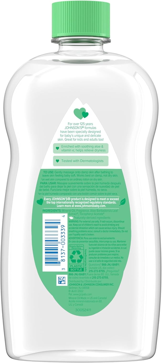 Johnson's Baby Oil, Mineral Oil with Aloe Vera & Vitamin E to help reduce Moisture Loss, Soothing, Moisturizing Baby Massage Oil, 20 fl. oz, 6 Pack
