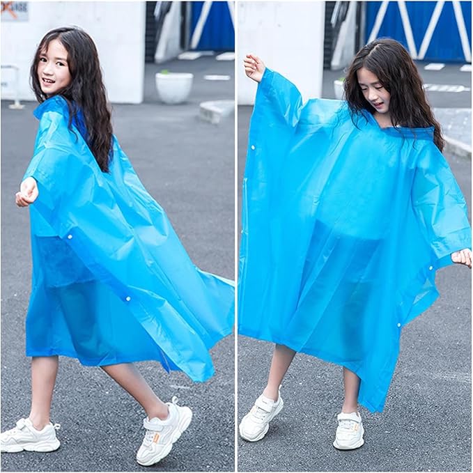 Rain Poncho for Kids (2 Pack), Reusable EVA Children Raincoat Ponchos Rain Jacket with Hood for 6-14 Girls Boys