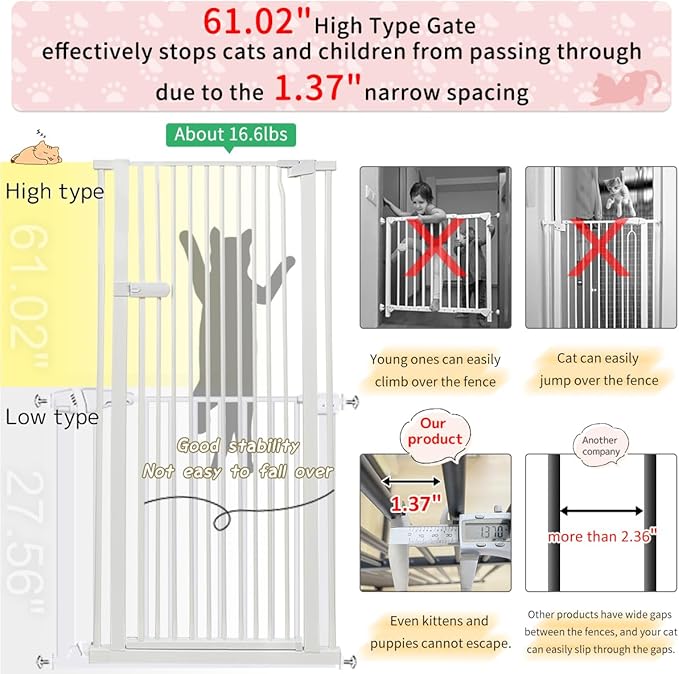 Lumizone Extra Tall Cat Gate 61.02" High Pressure Mounted Extra Wide 2025 New (17 Sizes) 1.37" Gap No Drilling Auto-Close One-Handed Operation Tall Pet Gate for Dogs(White, 61.02" H x 55.12"-59.44" W)