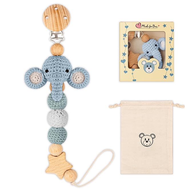 Pacifier Clip, Cute Animal Pacifier Holder Clip for Boys and Girls, Most Pacifiers, Baby Teethers, Baby Shower and Baby Essentials(Elephant)