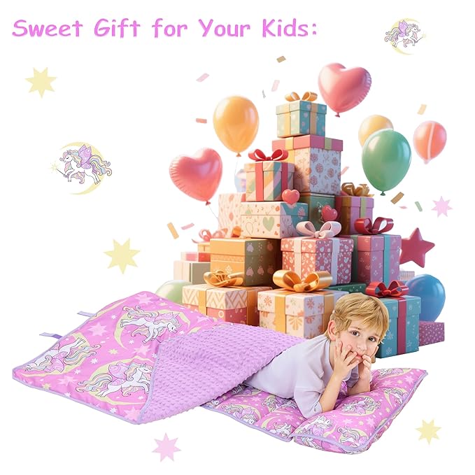 Viviland Toddler Nap Mat, Rolled Sleeping Mats with Pillow and Minky Dot Blanket for Girls, Kids Slumber Bag Nap Mat for Preschool, Daycare, Kindergarten, Travel Camping - Unicorn Magic
