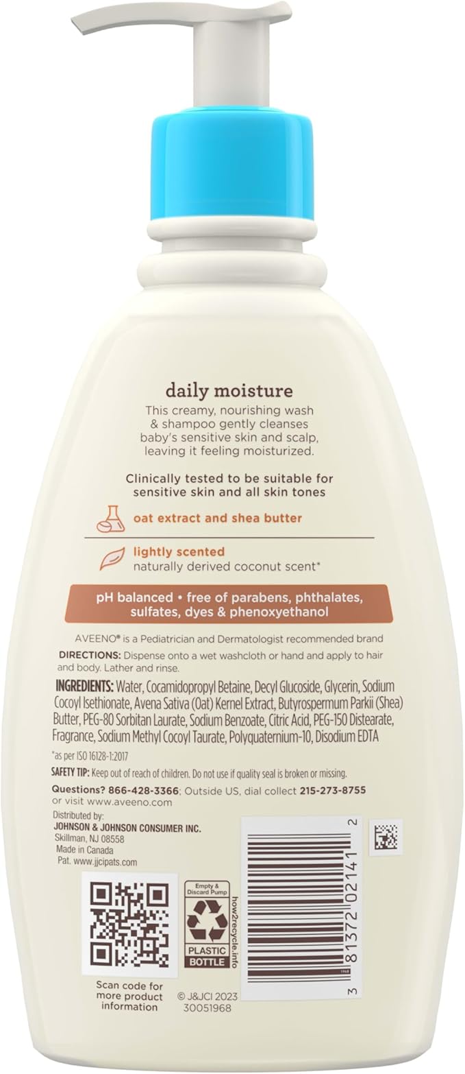 Aveeno Baby Daily Moisturizing 2-in-1 Wash & Shampoo, Baby Body Wash & Shampoo with Shea Butter & Oat Extract Gently Cleanses Baby's Sensitive Skin & Scalp, Gentle Coconut Scent, 12 fl. oz