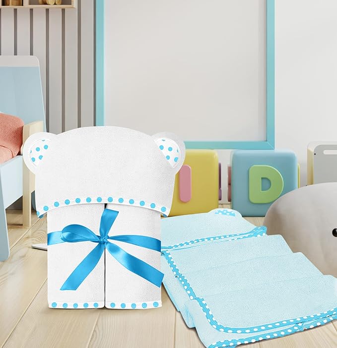 Set of 2 Hooded Baby Towels – White and Blue – Luxurious, Large and Super Absorbent – 30 x 30 Inch – Soft and Suitable for Infants, Toddlers and Kids – 400 GSM