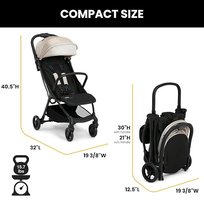 Jeep Altitude Compact Travel Stroller by Delta Children Greenguard Gold, Easy One Hand Fold, Lightweight, Extendable Canopy with Peek-a-Boo Window, Reclining Seat, 4 Wheel Suspension, Tan