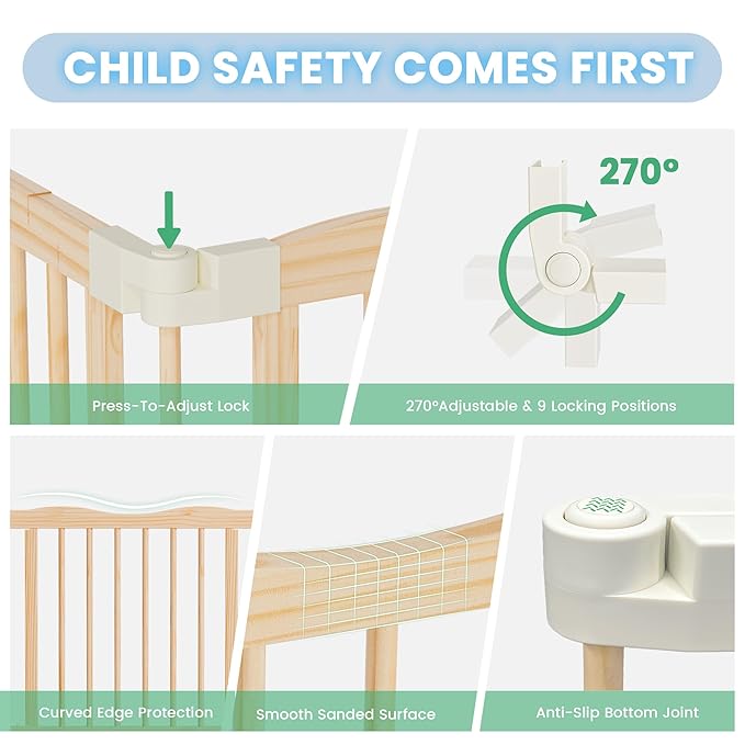 Foldable Wooden Playpen - Adjustable Wood Baby Play Yard with Door, Indoor Large Safety Fence for Babies and Toddlers - Easy Assembly, 83 x 55 x 24 inches, Nature Nest