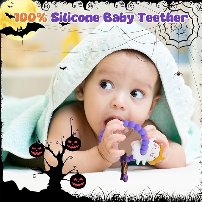 Halloween Baby Teething Toys – Ghost & Pumpkin Man Silicone Teethers for Infant Sensory Toys 0-12months, Infants & Toddlers,Sensory Chew Bracelet for Teething Relief,Halloween Basket Stuffers