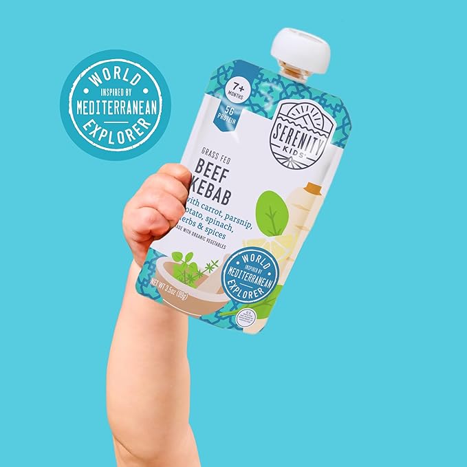 Serenity Kids 7+ Months World Explorers Baby Food Pouch - Beef Kebab, 3.5 oz, Pack of 12-5g Protein Pouch - Nutrient-Packed Meat Baby Food - On-the-Go Toddler Snacks