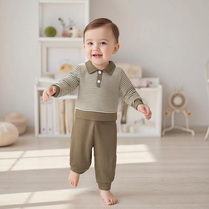 Baby Boy Toddler Fall Outfit Striped Sweatshirt Toddler Boy Winter Waffle Clothes 3 6 12 18 Months 2 3 T Pant Set