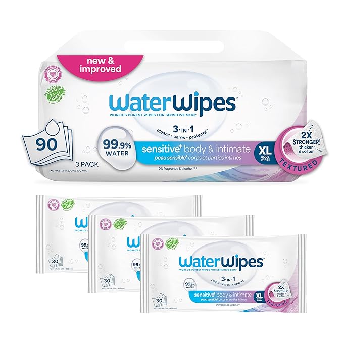 WaterWipes Sensitive+ Body & Intimate Wipes, 3-In-1 Cleans, Cares, Protects, 99.9% Water, Unscented & Hypoallergenic Hygiene Wet Wipes, Adult Care, 90 Wipes (3 Packs)