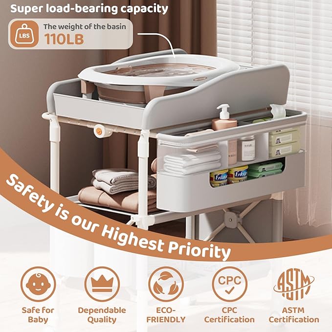 Baby Changing Table, Versatile Folding Changing Table with 2 Drawers, Portable Baby Diaper Changing Station with Toy Holder, Adjustable Height (39.7" to 42.9") Mobile Nursery Diaper and Newborn