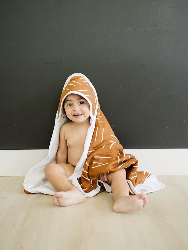 Mebie Baby Muslin Hooded Towel, Mustard Mudcloth, Cute Hooded Baby Bath Towel for Newborn, Infant & Toddler, Modern Baby Towels and Washcloths for Boy & Girl, Floral & Pattern Hooded Baby Towels