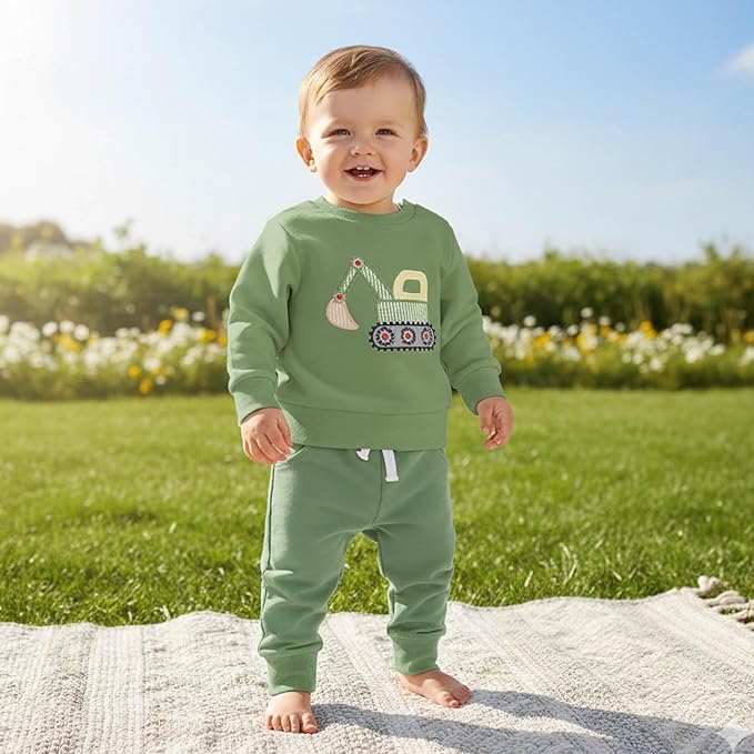 FOCUSNORM Toddler Baby Boy Fall Winter Outfit Excavator Embroidered Long Sleeve Sweatshirt Elastic Jogger Pant 2 Pcs Clothes