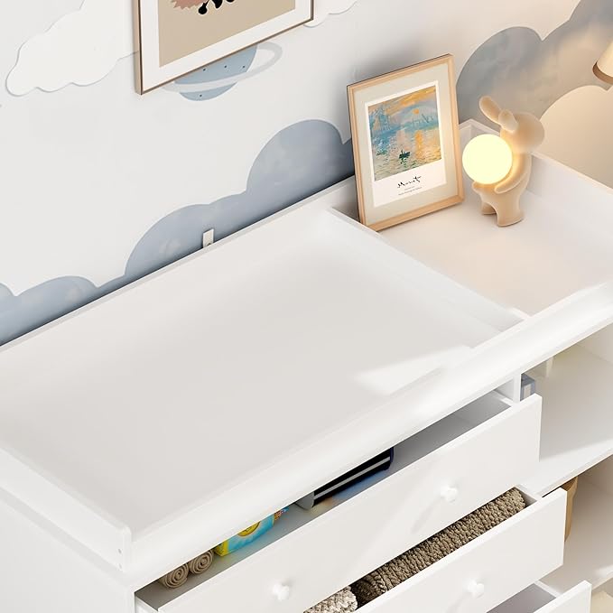 Nursery Dresser with Baby Changing Table, Diaper Changing Tables for Nursery with 5 Drawers & Shelves, Changing Station Nursery Organizer for Bedroom, White (47.6" W x 19.7" D x 36.1" H)
