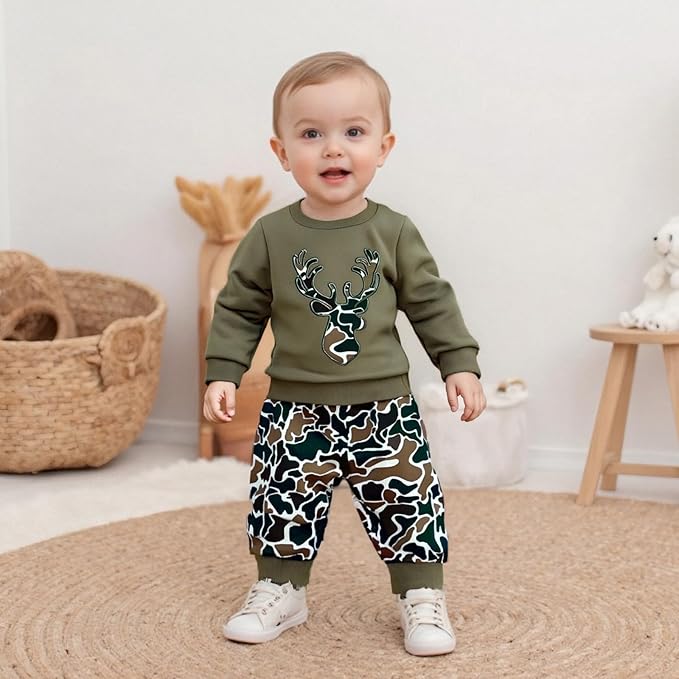 Muineobuka Toddler Baby Boy Hunting Clothes Reindeer Embroidery Sweatshirt and Camouflage Pants Outfits Baby Camo Clothing
