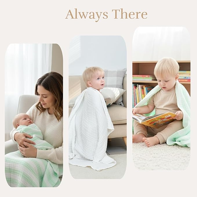 5-Piece Muslin Baby Bath Towel Set - 100% Organic Cotton, (2) Large 6-Layer 41x41 Towels & (3) Washcloths, Multi-Use Blanket & Bath (Green Striped)