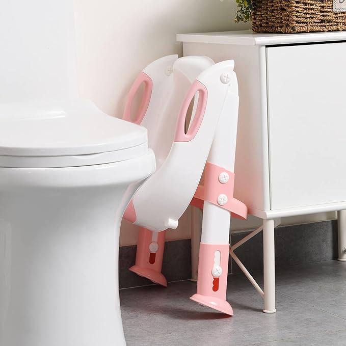 Potty Training Seat with Step Stool Ladder, SKYROKU Potty Training Toilet for Kids Boys Girls Toddlers - Comfortable Safe Potty Seat with Anti-Slip Pads Ladder （8838-Pink）