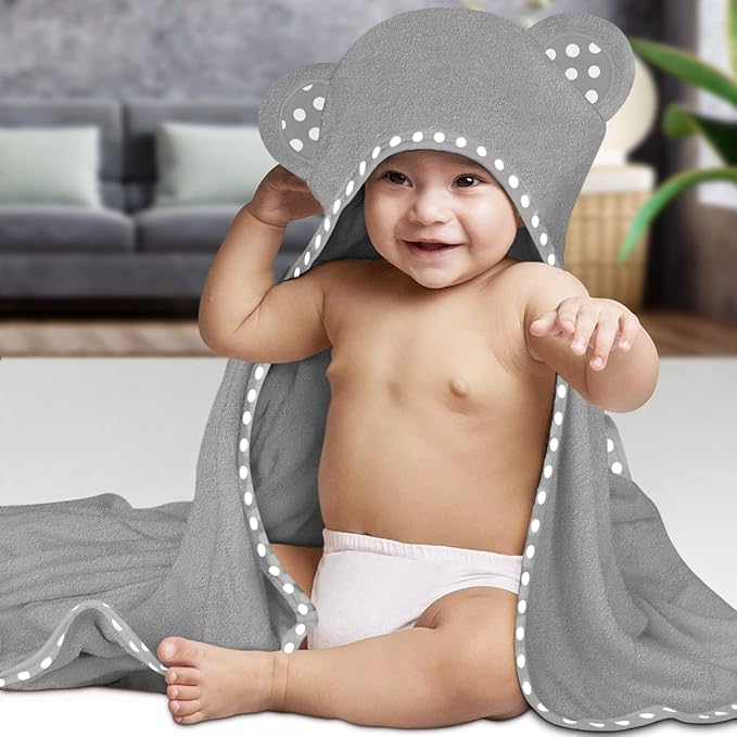 Set of 2 Hooded Baby Towels – White and Grey – Luxurious, Large and Super Absorbent – 30 x 30 Inch – Soft and Suitable for Infants, Toddlers and Kids – 400 GSM