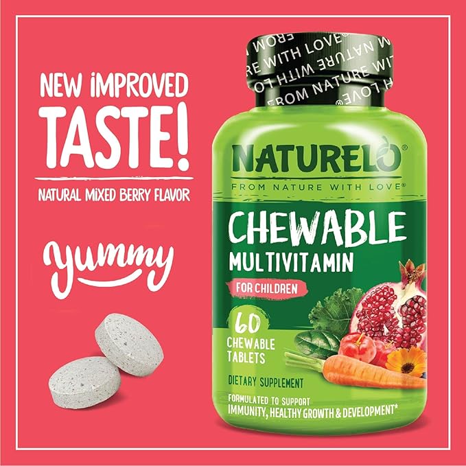 NATURELO Chewable Vitamin for Kids Multivitamin with Whole Food Organic Fruit Blend - 60 Tablets for Children