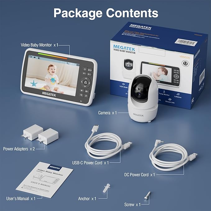 MEGATEK BabyView Video Baby Monitor with Camera and Audio, 5” Screen, Pan-Tilt-Zoom, No-WiFi 2.4GHz Wireless, 30-Hour Battery, Night Vision, 2-Way Talk, VOX, Lullabies, Timer, Temperature Alerts