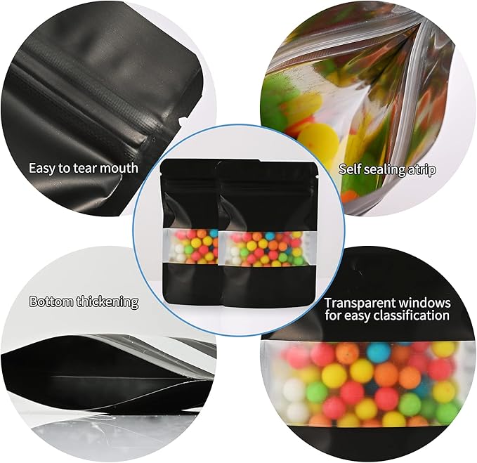 100 Pieces Smell Proof Mylar Resealable Food Storage Bags With Clear Window, Foil Pouch Stand-up for Self Sealing Supplies (Black, 3.5 x 5 Inch)