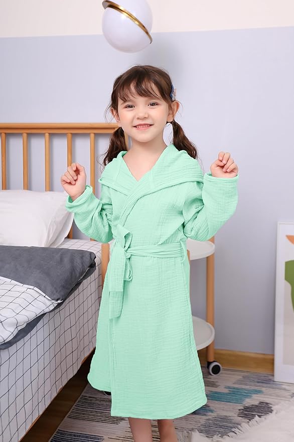 Organic Cotton Toddler Bathrobe, Soft and Breathable Baby Robe for Kid, Boy& Girl Hooded Robe Muslin