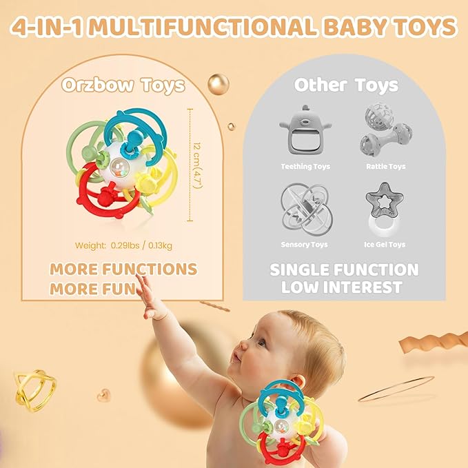 Baby Sensory Teething Toys, Baby Montessori Teether Toys for 0 3 6 9 12 18 Months, Silicone Tummy Time Toy with Rattle Ball for Newborn Infant, Learning Delopmental Gift for Boys Girls, Beige