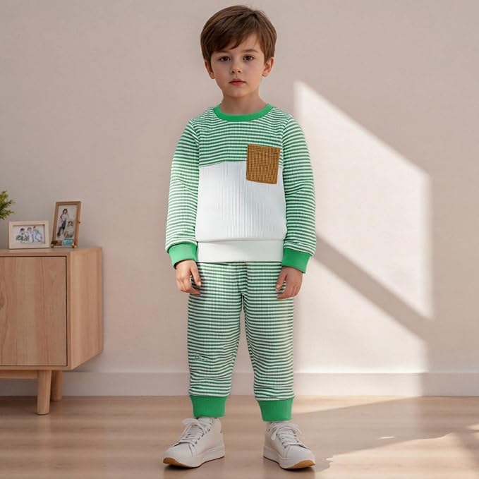 Toddler Baby Boy Fall Outfit Long Sleeve Crew Neck Contrast Color Sweatshirt Top Pant Cute Newborn Infant Waffle Clothes