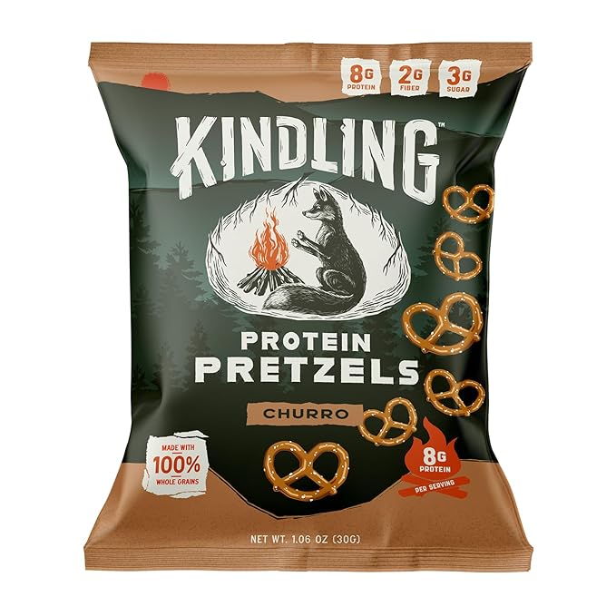 Kindling Protein Pretzels - Churro| Protein-Packed Snack Size Bags | Kosher | 8-9g Protein Per Serving | No Artificial Flavors, Soy-Free | Lunches, Office Snacks, & On-the-Go | 16-Count (1.06oz Bags)