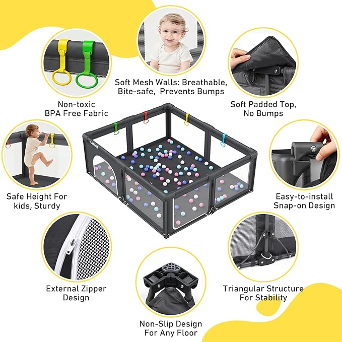 Baby Playpen Foldable Playpen for Babies and Toddlers, Extra Large Playpens Portable Play Pen with 2 Doors Activity Center for Kids Indoor Outdoor Pack and Play Baby Shower Gifts, 71"X59" Dark Grey