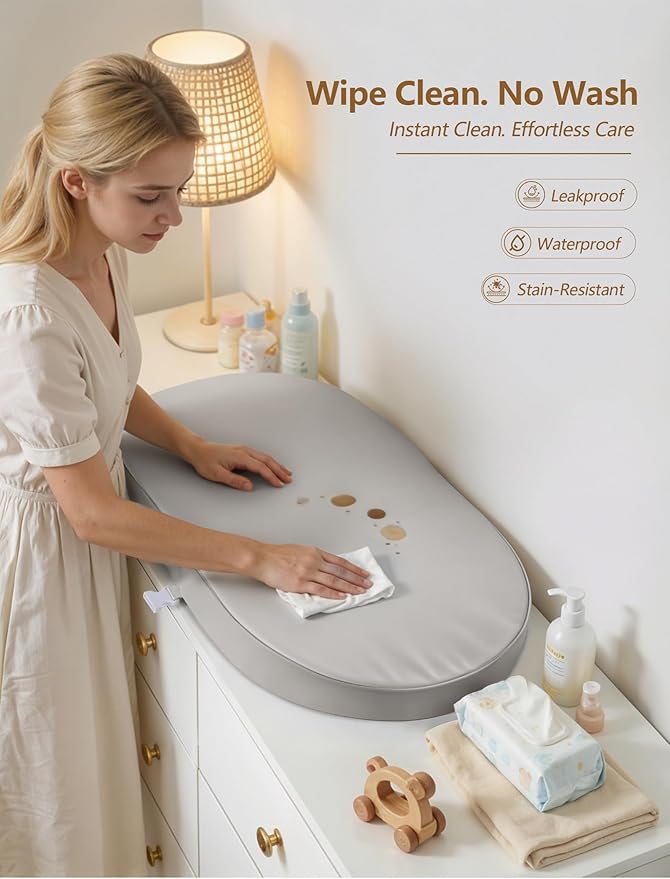 Wipeable Baby Changing Pad: Changing Pad Babies for Dresser Waterproof 31.5” * 15.7” with Removable Safety Strap for Diaper Changing on Table (Grey)