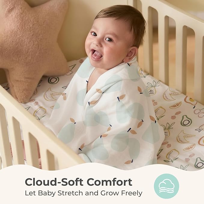 Momcozy Muslin Swaddle Blankets, Ultra Soft Neutral Registry Essentials, 47'' x 47'' Breathable Large Receiving Blanket, Newborn Essentials Must Haves, Baby Boys Girls Shower Gifts, Fruits Party