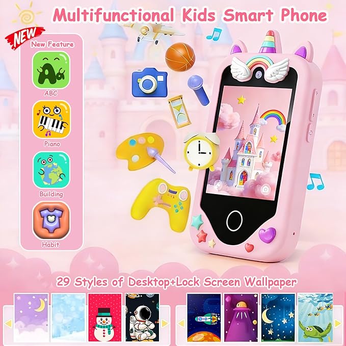 Kids Smart Phone for Girls Gifts, Toddler Christmas Birthday Gift for Age 3, 4, 5, 6, 7, 8 Year Old, Kids Phone Toy with Touchscreen, Dual Camera, Game, Kid Mp3 Player, Learning Play Toy