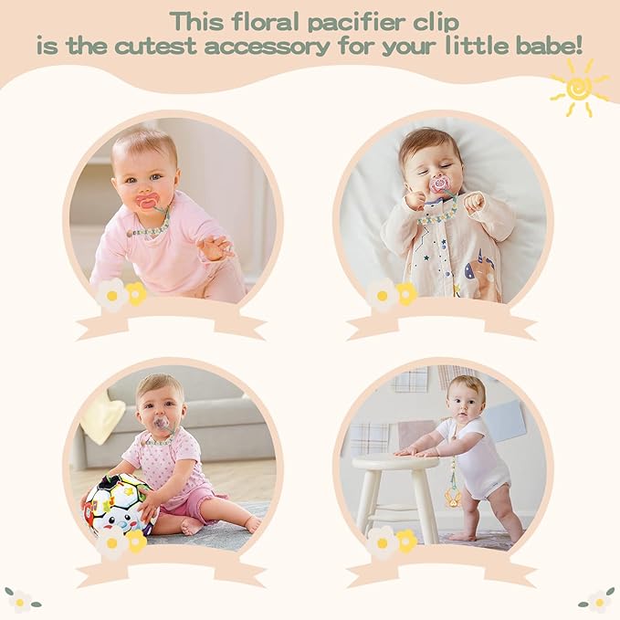 Pacifier Clip for Boys Girls Floral Daisy Macrame Paci Clip Pacifier Holder Leash Boho Wooden Clips Handmade Braided Cotton Unisex Baby Shower Birthday Gift