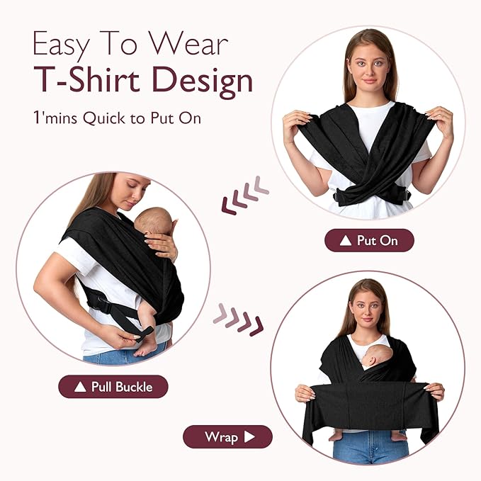 Momcozy Baby Wrap Carrier Skin-Friendly Fabric, Easy to Wear Baby Carrier Sling T-Shirt Design, Hands Free Baby Carriers Newborn to Toddler 8-35lbs, Adjustable Buckle Suit for Waist 30-47inch, Black
