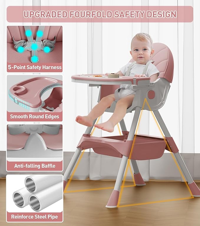 Baby High Chair, 5 in 1 High Chairs for Babies and Toddlers, Travel Foldable High Chair with Foot Rest, Detachable PU Cushion, Double Removable Tray, Adjustable Height & Recline