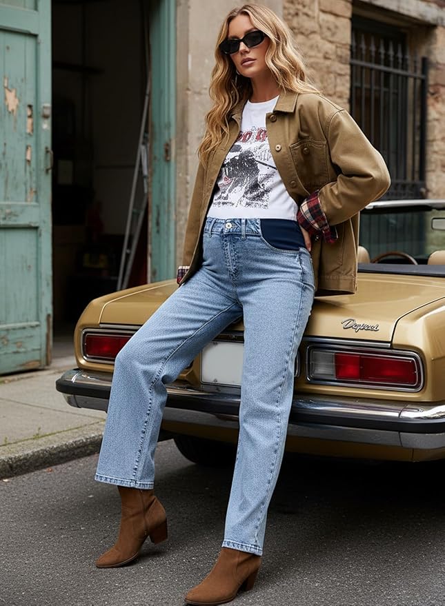 BLENCOT Maternity Jeans for Women High Waist Straight Leg Pregnancy Denim Pants with Pockets