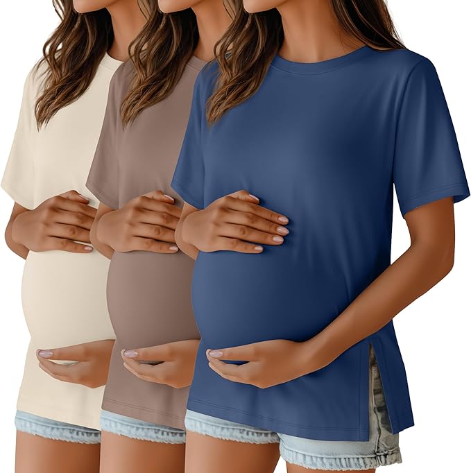 Ficerd 3 Pack Women's Maternity T Shirts, Short Sleeve Side Split Pregnancy Tops Casual Crew Neck Pregnant Tees Mama Clothes