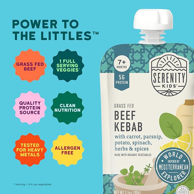 Serenity Kids 7+ Months World Explorers Baby Food Pouch - Beef Kebab, 3.5 oz, Pack of 12-5g Protein Pouch - Nutrient-Packed Meat Baby Food - On-the-Go Toddler Snacks