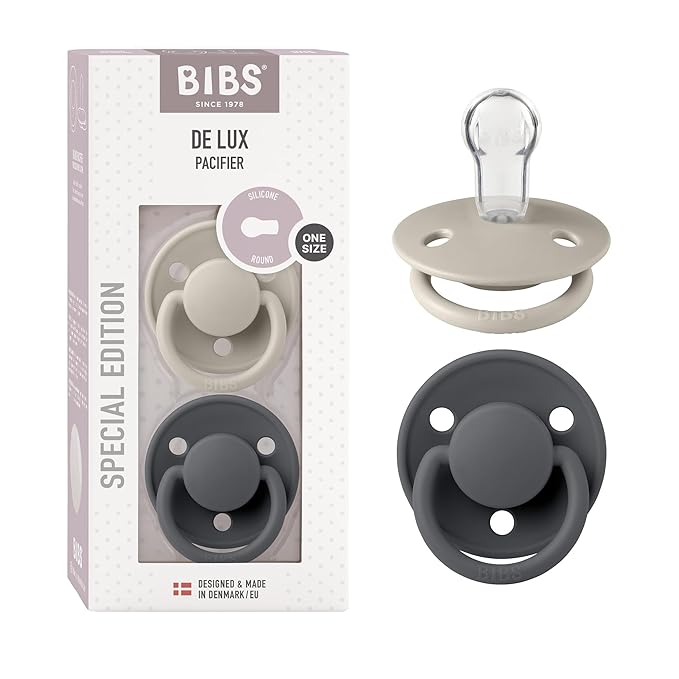 BIBS Pacifiers OneSize | 2-Pack Soothers | BPA-Free Symmetrical Nipple | Made in Denmark | Sand/Iron De Lux Pacifier