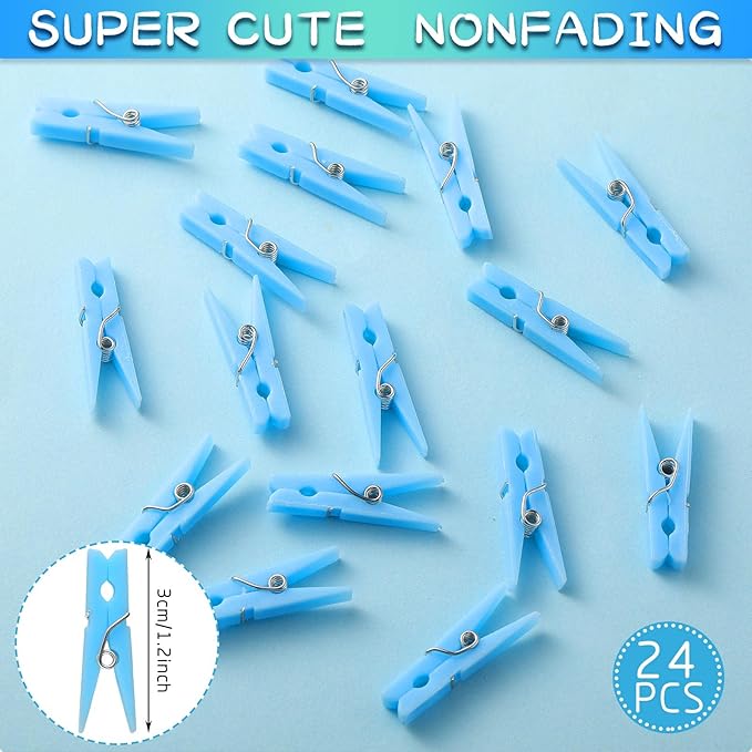 Tondiamo 48 Pieces Baby Pacifiers Party Favors with 24 Plastic Pacifiers and 24 Mini Clothes Pins Transparent Baby Showers Pacifiers Necklace Baby Girl Boy Pacifier Necklace for Party Favor(Blue)