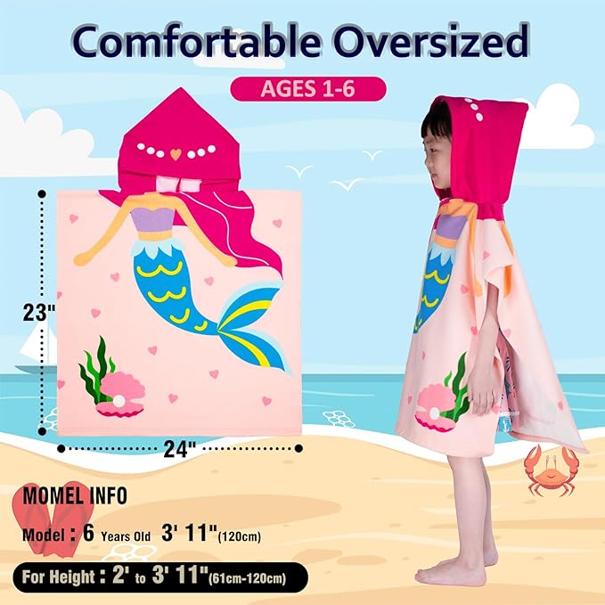 Hooded Kids Beach Towels - Toddler Bath Towel Girls Boys Swim Cover-ups for Ages 1 to 6 Kids Pool Towels Quick Dry Lightweight Soft Microfiber Poncho Towel 24x23(Mermaid Pink)