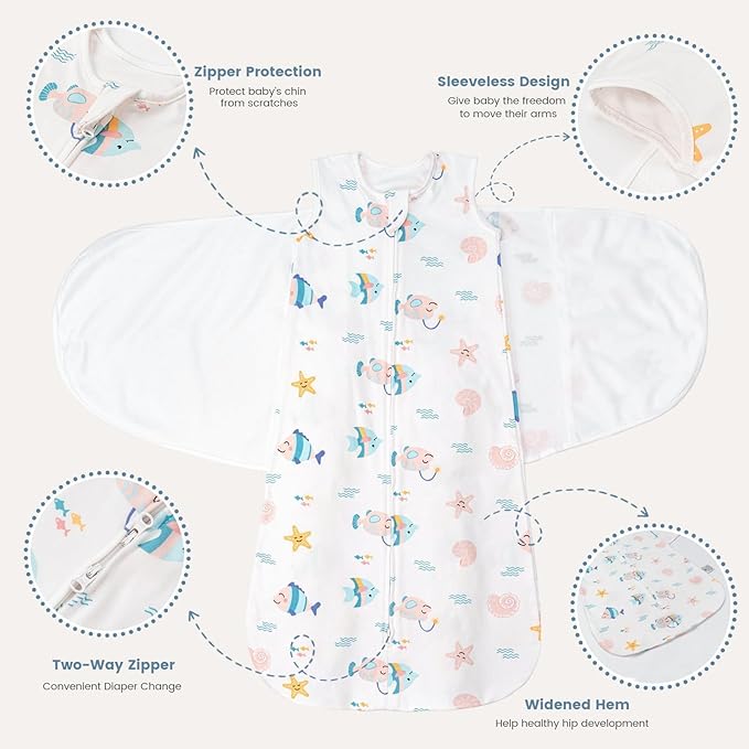 ZIGJOY Sleep Sack Swaddle 1.0 Tog Baby Wearable Blanket 100% Cotton Adjustable Silent Transition Swaddle Blanket, 0-6 Months, Ocean