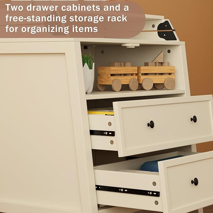 UbabyNest Baby Changing Table with Foldable Tabletop, Baby Dresser with 2 Wide Drawers & Open Storage Space, Modern Diaper Changing Station, Perfect for Nursery, Beige (Pad Not Included)