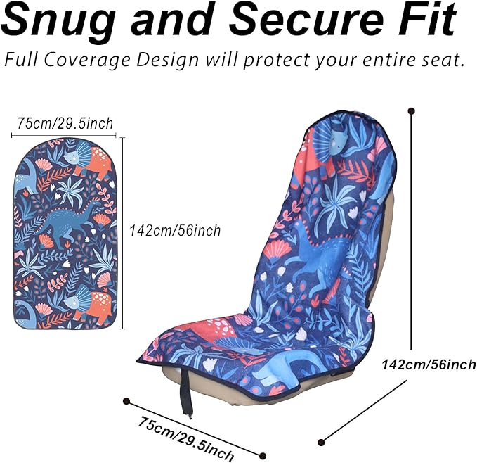 Sweat Towel Car Seat Cover Protector Front Seats for Gym Workout, Running, Swimming, Beach and Hiking, Waterproof Universal Seat Cover for Car, Truck, Van & SUV (Dinosaur, 2pcs Front Seat)
