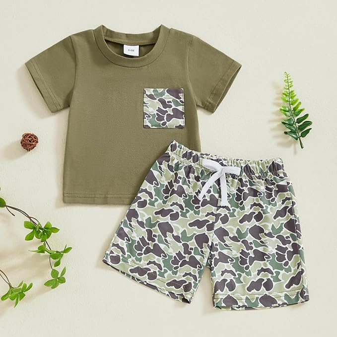 fhutpw Toddler Baby Boy Summer Clothes Tractor Letter Short Sleeve T-Shirt Tops Pockets Casual Shorts Set Infant Outfits